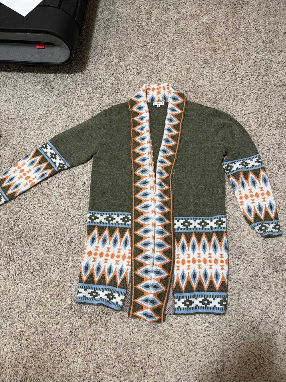 Love Olive Green Open Cardigan with White, Blue & Rust Aztec Trim